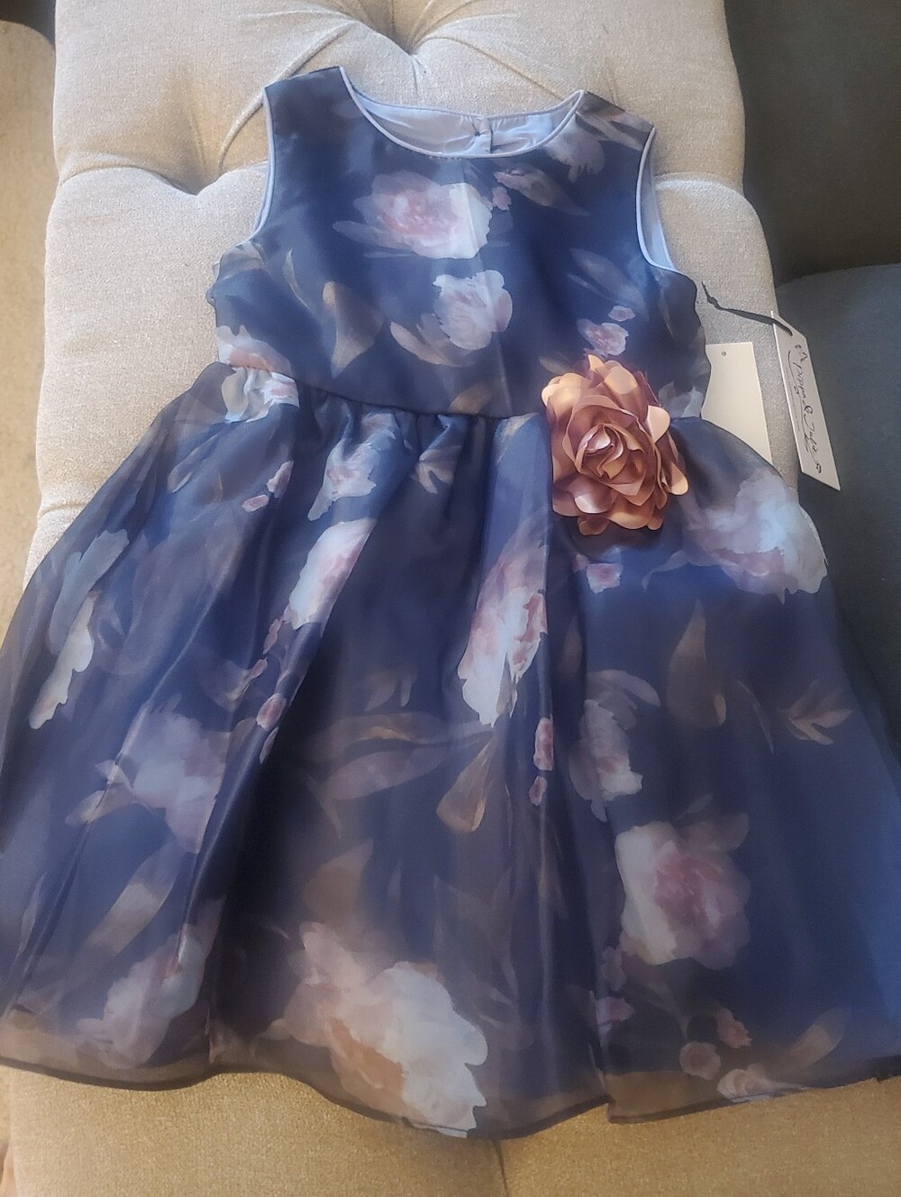Pippa And Julie Blue Floral Organza Girls' Party Dress with Rose Accent NWT
